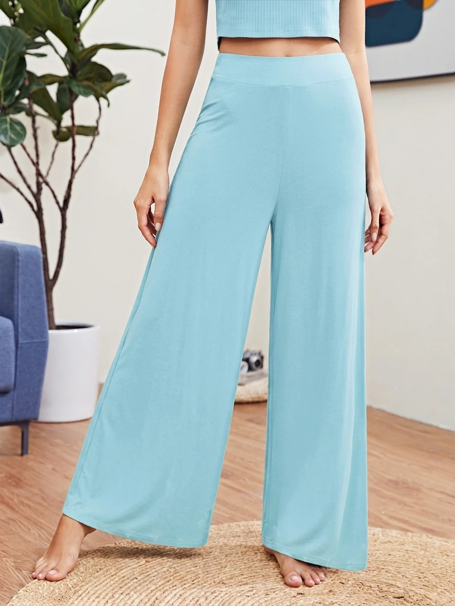 SHEIN Essnce Casual Versatile Solid Color Wide Leg Long Pants - Mint Blue - View 1