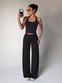 Easithlete Women's Polka Dot Yoga Sports Set - Black and White - View 1