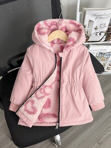 SHEIN Elladie kids 女童冬季嬰兒白色愛心保暖內裡拉鍊連帽衛衣，彈性腰圍加厚保暖時尚戶外通勤外套 - 粉色 - 查看 6