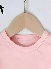 SHEIN (1件) 夏/秋季女嬰清新可愛簡約亮鑽櫻桃葉圖案基本款粉色短袖T恤上衣 - 粉色 - 查看 6