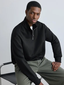 Merionis Men's Solid Color Zipper Design Long Sleeve Casual Pullover Sweatshirt - Black - View 6