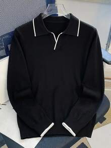 DAZY 男士春秋黑色針織 Polo 領上衣，白色對比飾邊 - 黑色 - 查看 6