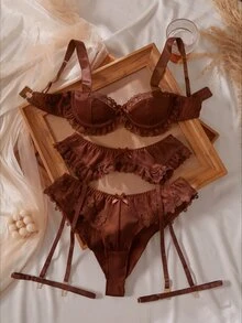 Crystal Vow 4pcs White Lace Patchwork Sexy Lingerie Set - Brown - View 4