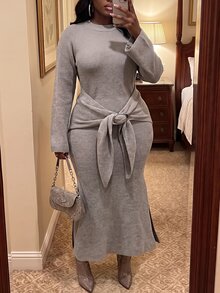 Slaydiva Plus Size Autumn/Winter Fashion Knotted Side Slit Knit Dress - Coffee Brown - View 8