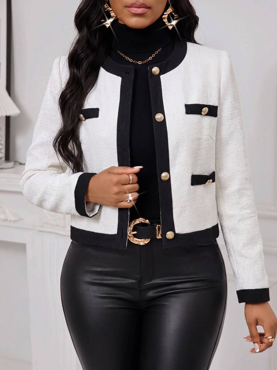 SHEIN Lady Jaket Lengan Panjang Kancing Gaya Vintage Wanita untuk Kantor dan Perjalanan Sehari-hari - Hitam dan Putih - View 1