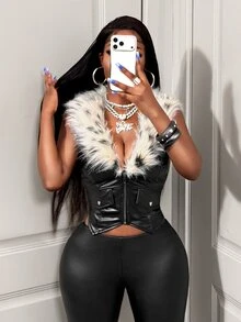BamGleam Women's Patchwork Faux Fur & PU Leather Zipper Front Vest Jacket - Black - View 1