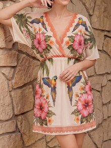 SHEIN Swim Curve 2026夏季新款女款大尺碼寬鬆交叉V領中長款網紗印花休閒罩衫 - 彩色 - 查看 3
