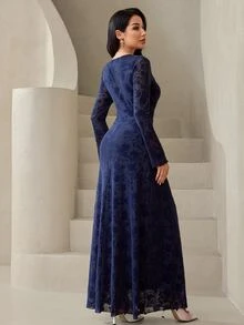 Veilorie Women's Round Neck Bell Sleeve Elegant Party Occasion Long Dress - Navy Blue - View 2