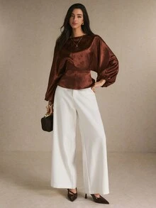 Poéselle Women's Jacquard Boat Neck Batwing Long Sleeve Elegant Blouse - Brown - View 2