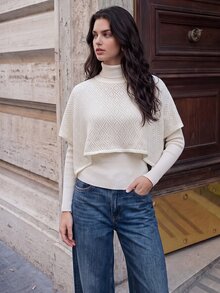 Selenza Spring/Autumn Korean Style Elegant Elegant Crochet Hollow Cape Shawl 2 In 1 Slim Fit Women's Sweater - White - View 1