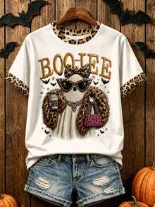 EMERY ROSE Halloween American Cool Fashion Glasses Ghost BOO-TEE Letter Print Plus Size T-Shirt - Multicolor - View 1