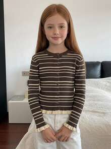 DAZY Tween Girls Striped Colorblock Frill Trim Basic Short Cardigan Sweater, Autumn/Winter - Brown - View 1