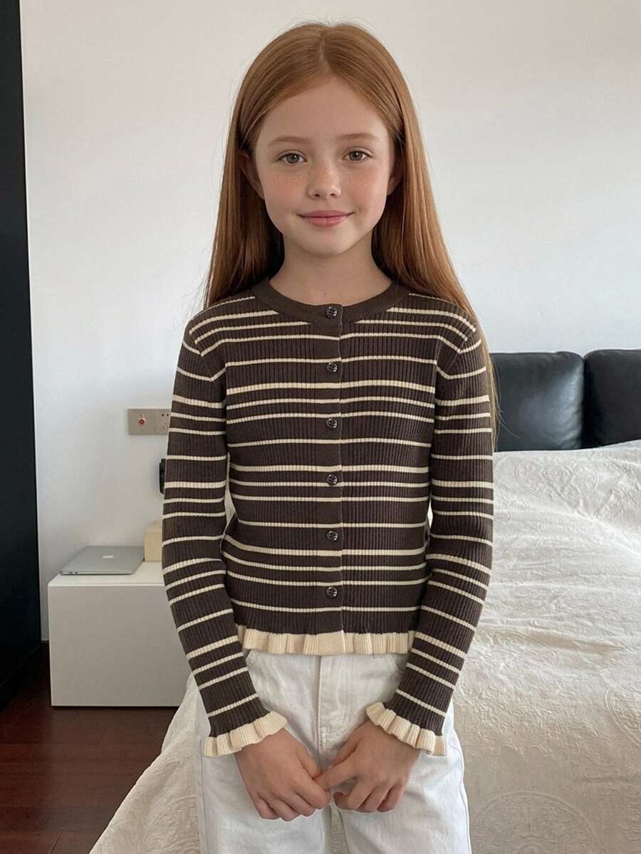 DAZY Tween Girls Striped Colorblock Frill Trim Basic Short Cardigan Sweater, Autumn/Winter - Brown - View 1