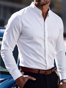 Manfinity Bizformal 休閒商務男士立領紋理斜紋白色長袖襯衫 - 白色 - 查看 1
