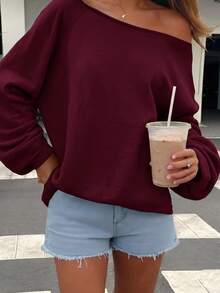 SHEIN EZwear 酒紅色女款露肩寬鬆休閒長袖衛衣 34%棉 - 酒紅色 - 查看 1