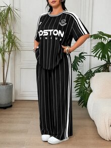 SHEIN EZwear 大尺碼女款字母騎士圖案短袖上衣與長褲休閒日常套裝 - 黑色 - 查看 7