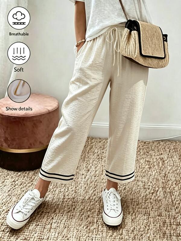 Zayélia Women's Striped Faux Linen Pants, Elastic Drawstring Waist, Double Stripe Cuff Hem, Loose Straight Fit, Breathable Bottoms For Vacation & Beach