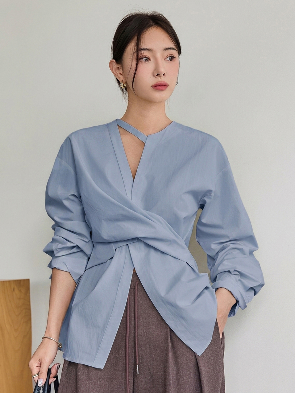 Women's Solid Color Asymmetric Collar Back Waist Tie Casual Shirt