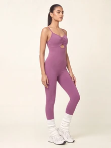 SHEIN BAE Women's Solid Color Pleated Hollow Design Spaghetti Strap Sports Jumpsuit - Baby Pink - View 7