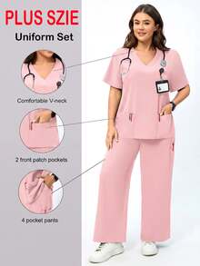 TaskEZ 女款大尺碼手術刷手服上衣與長褲深藍色寬鬆兩件套 - 淺粉色 - 查看 1