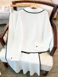 SHEIN Women's Lapel Contrast Trim Tie Long Sleeve Top + Wide Leg Pants 2pcs Set - Black and White - View 2