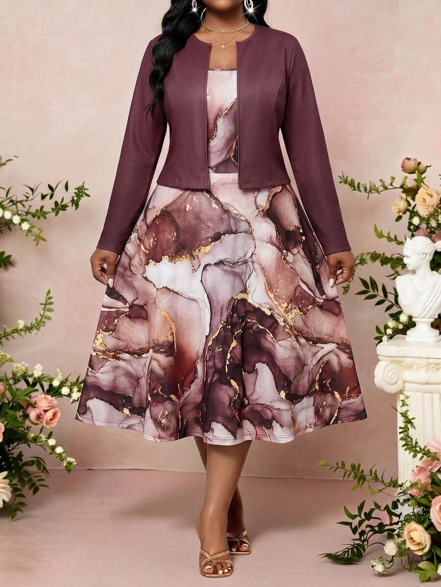 SHEIN Lady Plus Size Women Solid Color Long Sleeve Open Front Cardigan And Marble Print Dress Elegant Set Fall - Multicolor - View 1