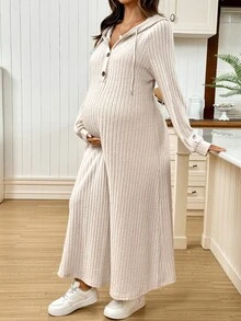 SHEIN Maternity Casual Solid Color Hooded Dress For Autumn - Apricot - View 4
