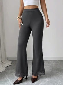 Modelyn Women's Elegant Lace Trim Patchwork Flare Pants - Dark Grey - View 4