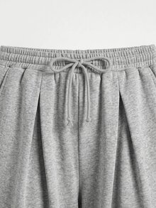 SHEIN 青少年女孩秋冬針織黑色休閒抽繩口袋百褶寬鬆闊腿運動長褲，百搭黑色長褲 - 灰色 - 查看 10