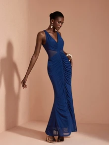 JIAN LASALA Mesh V Neckline Ruched Cutout Sleeveless Elegant Long Dress Vacation Party - Blue - View 3