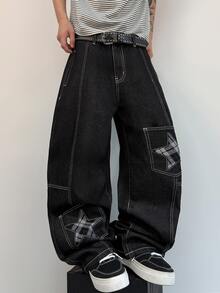 STEELVANCE Celana Jeans Denim Kasual Gaya Retro Streetwear Serbaguna dengan Desain Lusuh, Banyak Saku, Patchwork Bintang, dan Bordir Huruf (Sabuk dan Aksesoris Tidak Termasuk) - Hitam - View 3