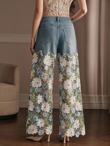 Anewsta Women's Elegant Floral Lace Patchwork Straight Leg Denim Jeans With Pockets - Blue - View 7