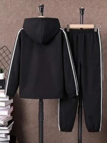 SHEIN 2件組青少年男孩半拉鍊連帽外套與慢跑長褲，黑色，夏季，街頭休閒圖案街頭時尚，加厚抓絨運動套裝，旅行 - 彩色 - 查看 2