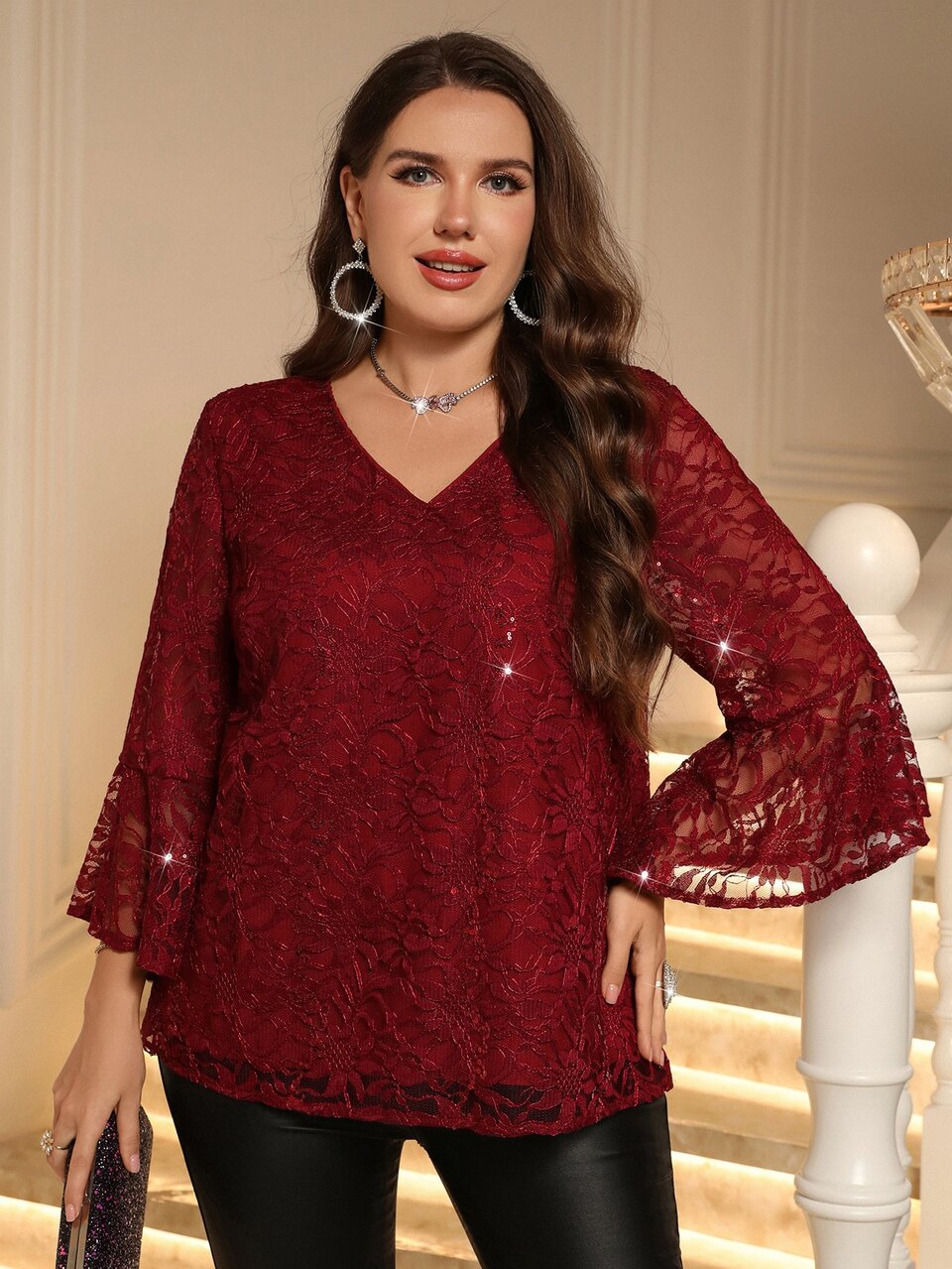Plus Size Women Summer/ Elegant Party Formal Ruffle Sleeve Floral Lace Burgundy Blouse Shirt Top,Date Night,Wedding Guest Dates,Christmas,Sequin Fall