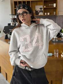 DAZY Women's Floral Digital Embroidery Long Sleeve Pocket Casual Sweatshirt Fall - Light Grey - View 3