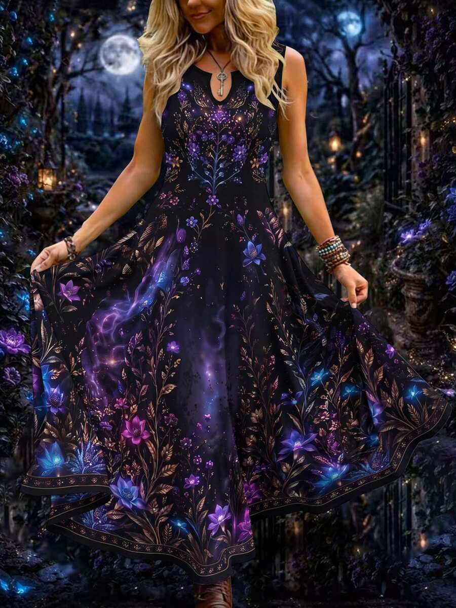 Breezaya Plus Size Women's Halloween Floral Print A-Line Dress - Multi-Color Dress, V-Neck Design, Sleeveless Party Dress, Elegant Bohemian Style, Suitable For Weddings, Holidays, Vacations, Beach And Party Occasions - Multicolor - View 1