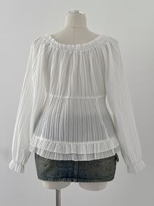 Sunspun Cute Square Neck Long Sleeve Fitted Petal Sleeve Cropped Blouse Plus Size Autumn - White - View 2