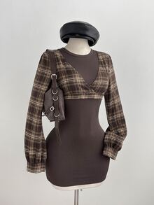 Elamini Fashionable Retro Brown Plaid Patchwork Ribbed 2 In 1 Short Bodycon Slimming Long Sleeve Dress, Simple Versatile Sexy Style For Women, Early Autumn - Multicolor - View 5