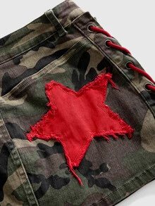 ROMWE Street Life Plus Size Street Retro Red Contrast Color English Letter Camouflage Women's Denim Skirt - Multicolor - View 5