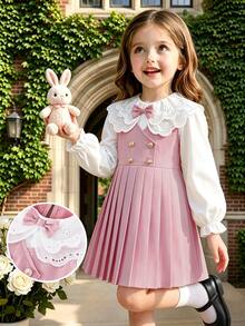 SHEIN Elladie kids 少女蕾絲刺繡百褶洋裝，大領設計百褶下擺連身裙，適合日常通勤休閒返校季穿著 - 粉色 - 查看 3