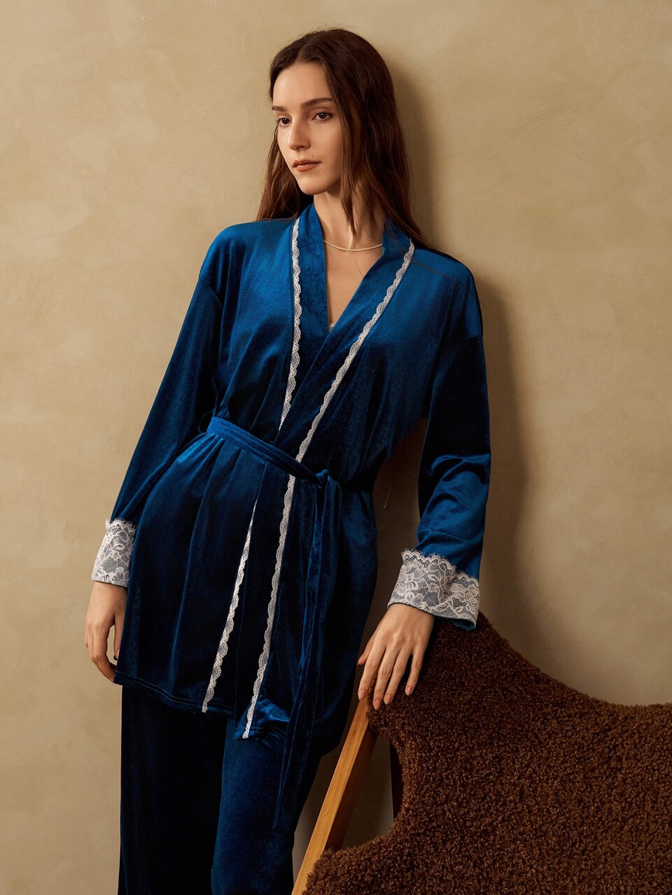MOTF WOMEN'S 3 PIECES VELVET CONTRAST LACE TIE WAIST ROBE, CAMISOLE TOP AND LONG PANTS PAJAMA SET