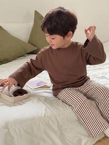 DAZY Baby Boys Round Neck Korean Style Long Sleeve Top And Striped Long Pants 2 Pieces Set Loungewear - Khaki - View 8