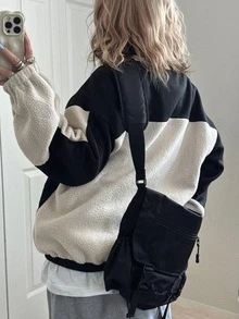 FRIFUL Women's Casual Streetwear Colorblock Patchwork Jacket, Autumn/Winter Everyday Travel Beige Everyday Going Out - Black - View 8