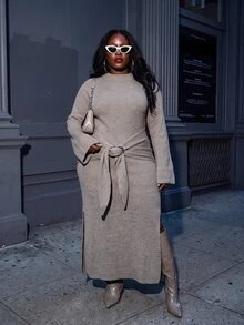 Slaydiva Plus Size Autumn/Winter Fashion Knotted Side Slit Knit Dress - Coffee Brown - View 6