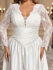 Aureia Plus Size Elegant Romantic V-Neck Lace Sheer Long Sleeve Pleated Fitted A-Line Wedding Dress Suitable For Evening Party Date Wedding Event - White - View 1