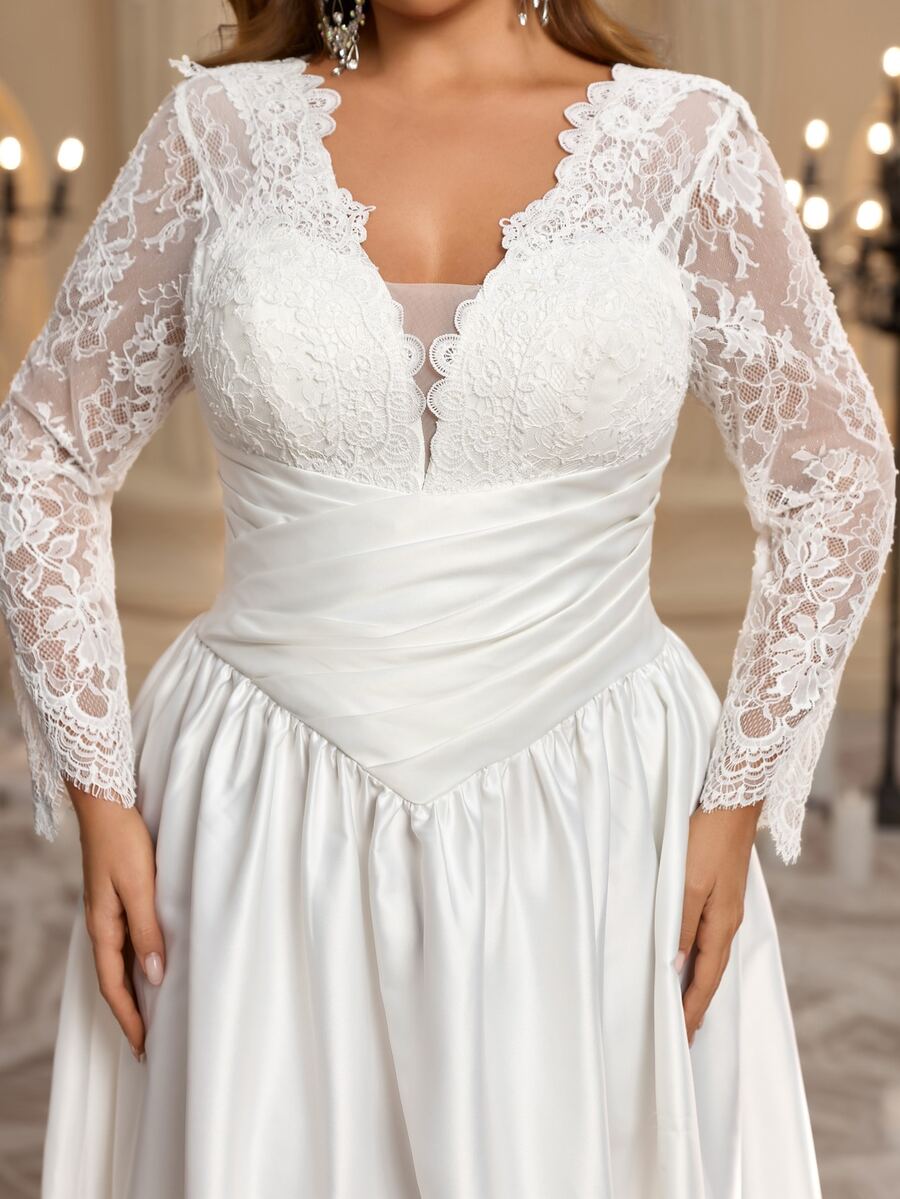 Aureia Plus Size Elegant Romantic V-Neck Lace Sheer Long Sleeve Pleated Fitted A-Line Wedding Dress Suitable For Evening Party Date Wedding Event - White - View 1