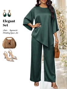 Fleurora Women's Solid Color Round Neck Bell Sleeve Asymmetrical Hem Blouse And Long Pants Casual 2 Pieces Set - Green - View 1