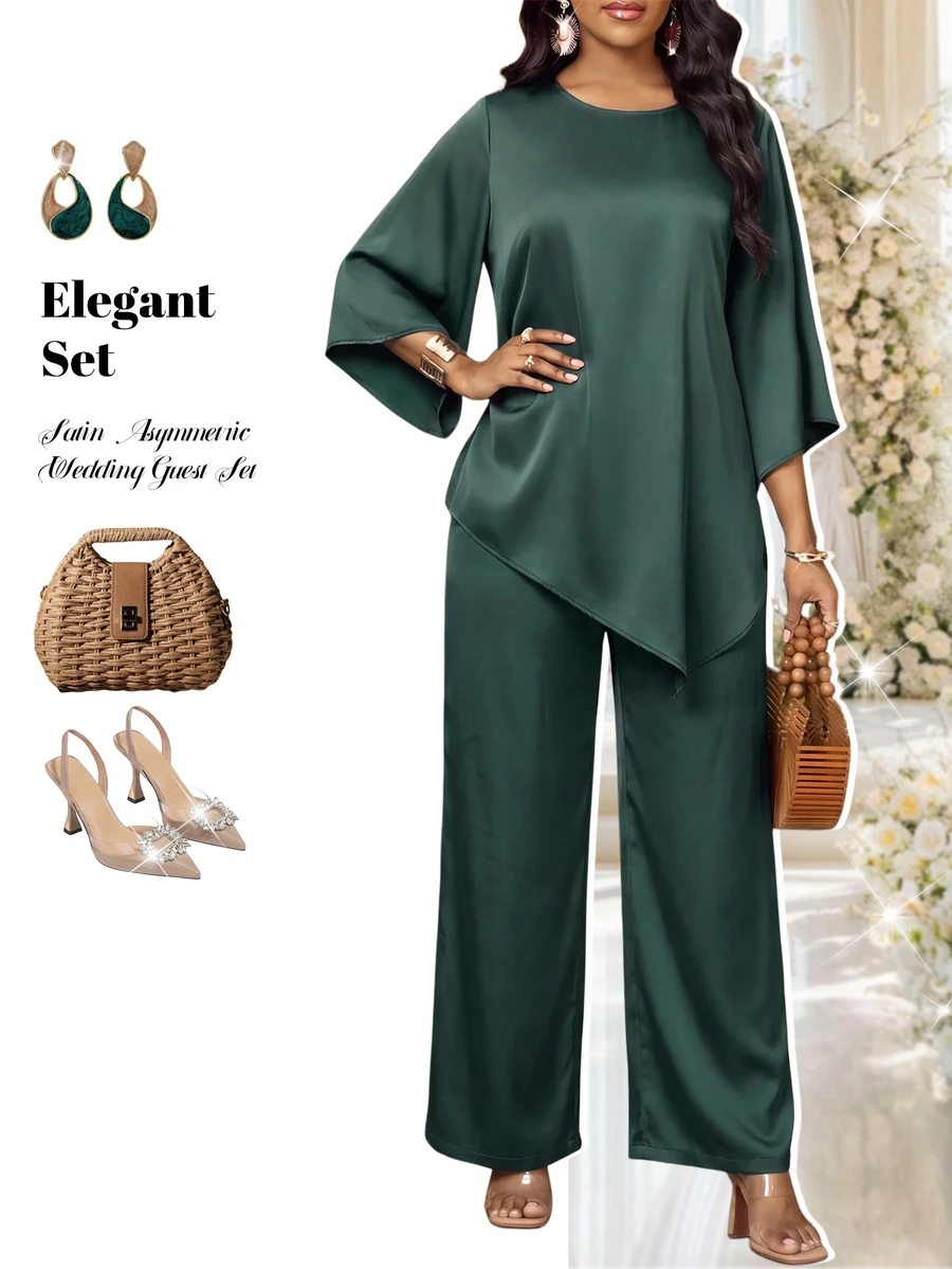 Fleurora Women's Solid Color Round Neck Bell Sleeve Asymmetrical Hem Blouse And Long Pants Casual 2 Pieces Set - Green - View 1