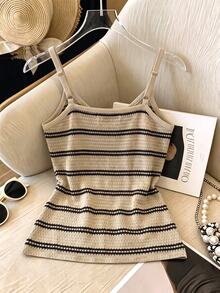 SHEIN Franclia Women's Fashion Striped Spaghetti Strap V-Neck Twisted Hem Fitted Tank Top, Suitable For Daily Commute, Dating, Outing, Beach Vacation - Brown - View 2
