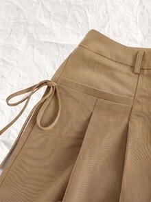 SHEIN EZwear Plus Size Women Solid Color Pleated Side Tie Wide Leg Suit Pants - Khaki - View 3